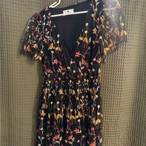 Embroidered Black Maxi Wrap Dress with Floral Detail